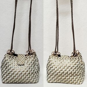 VINTAGE 70s Vegan Leather Gold Cream Woven Braided Crossbody Bucket Bag Purse